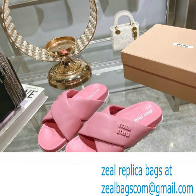 Miu Miu Leather slides Pink with metal lettering logo 2023