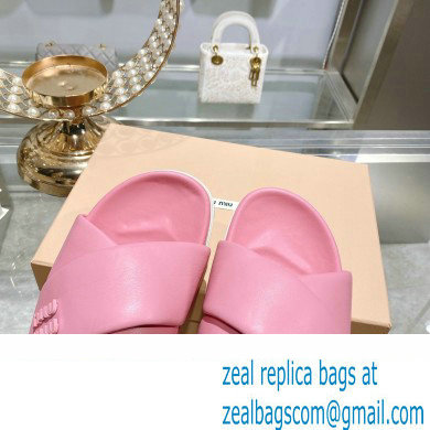 Miu Miu Leather slides Pink with metal lettering logo 2023 - Click Image to Close