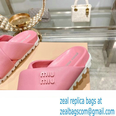 Miu Miu Leather slides Pink with metal lettering logo 2023 - Click Image to Close