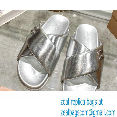 Miu Miu Leather slides Silver with metal lettering logo 2023 - Click Image to Close