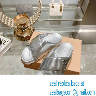 Miu Miu Leather slides Silver with metal lettering logo 2023 - Click Image to Close