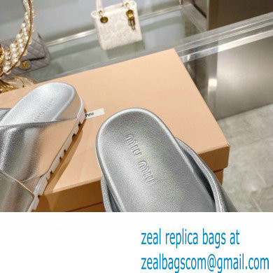 Miu Miu Leather slides Silver with metal lettering logo 2023