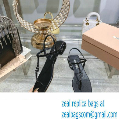 Miu Miu Patent thong sandals Black with metal lettering logo 2023