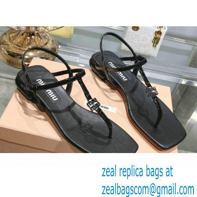 Miu Miu Patent thong sandals Black with metal lettering logo 2023 - Click Image to Close