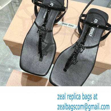 Miu Miu Patent thong sandals Black with metal lettering logo 2023