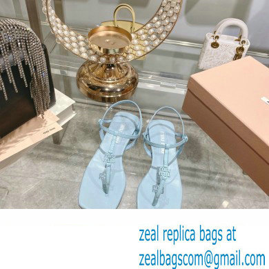 Miu Miu Patent thong sandals Blue with metal lettering logo 2023