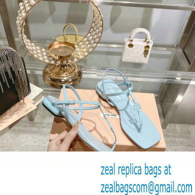 Miu Miu Patent thong sandals Blue with metal lettering logo 2023