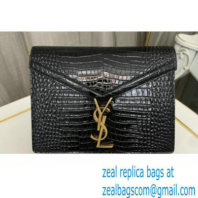 Saint Laurent cassandra medium chain bag in crocodile-embossed shiny leather 532750 Black - Click Image to Close