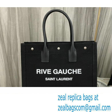 Saint Laurent rive gauche small shopping Tote bag in linen and leather 617481 Black