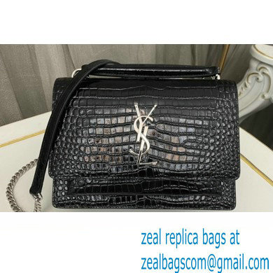 Saint Laurent sunset chain wallet in crocodile-embossed shiny leather 533026 Black/Silver