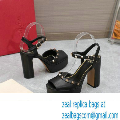 Valentino Heel 11cm Platform 3cm Leather Rockstud ankle strap sandals Black 2023 - Click Image to Close
