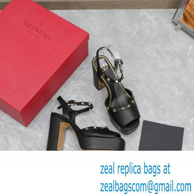 Valentino Heel 11cm Platform 3cm Leather Rockstud ankle strap sandals Black 2023