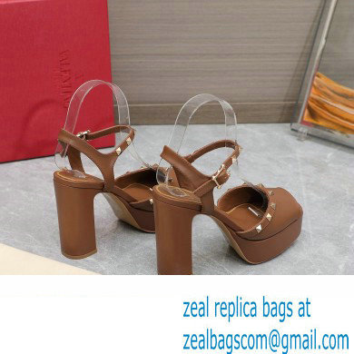 Valentino Heel 11cm Platform 3cm Leather Rockstud ankle strap sandals Brown 2023 - Click Image to Close