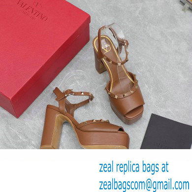 Valentino Heel 11cm Platform 3cm Leather Rockstud ankle strap sandals Brown 2023 - Click Image to Close