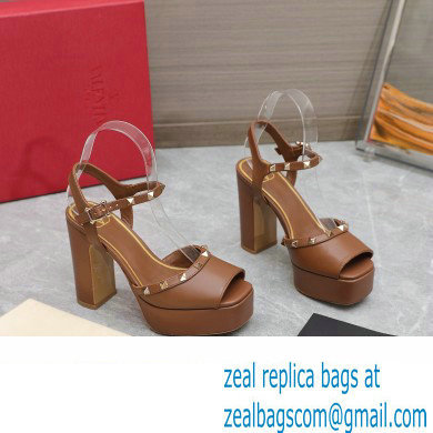 Valentino Heel 11cm Platform 3cm Leather Rockstud ankle strap sandals Brown 2023 - Click Image to Close