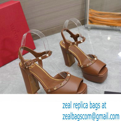 Valentino Heel 11cm Platform 3cm Leather Rockstud ankle strap sandals Brown 2023 - Click Image to Close