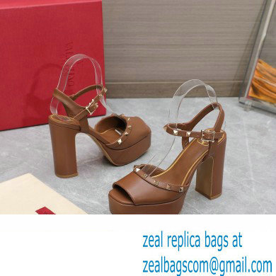 Valentino Heel 11cm Platform 3cm Leather Rockstud ankle strap sandals Brown 2023 - Click Image to Close