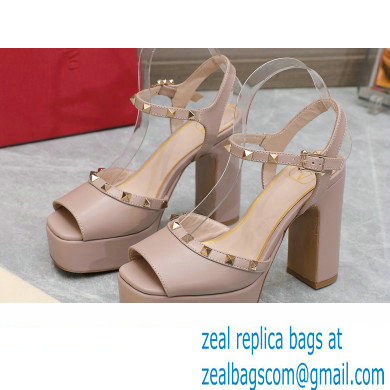 Valentino Heel 11cm Platform 3cm Leather Rockstud ankle strap sandals Nude 2023 - Click Image to Close