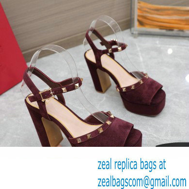 Valentino Heel 11cm Platform 3cm Leather Rockstud ankle strap sandals Suede Burgundy 2023 - Click Image to Close