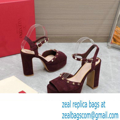 Valentino Heel 11cm Platform 3cm Leather Rockstud ankle strap sandals Suede Burgundy 2023 - Click Image to Close