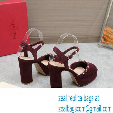 Valentino Heel 11cm Platform 3cm Leather Rockstud ankle strap sandals Suede Burgundy 2023 - Click Image to Close