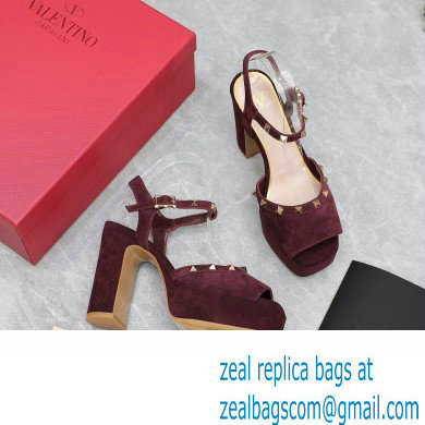 Valentino Heel 11cm Platform 3cm Leather Rockstud ankle strap sandals Suede Burgundy 2023 - Click Image to Close