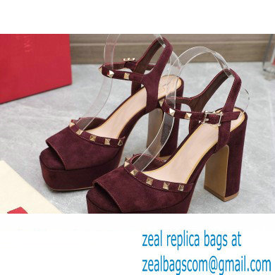 Valentino Heel 11cm Platform 3cm Leather Rockstud ankle strap sandals Suede Burgundy 2023 - Click Image to Close