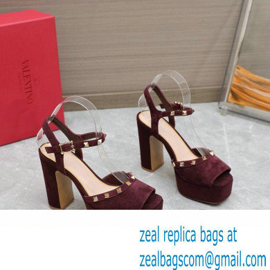 Valentino Heel 11cm Platform 3cm Leather Rockstud ankle strap sandals Suede Burgundy 2023 - Click Image to Close