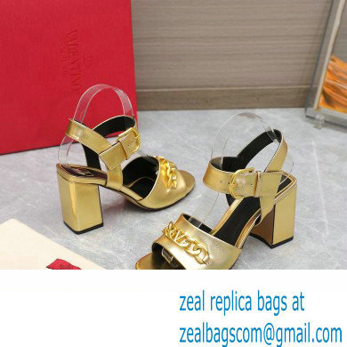 Valentino Heel 8cm VLogo Chain sandals in calfskin leather Gold 2023 - Click Image to Close