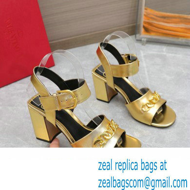 Valentino Heel 8cm VLogo Chain sandals in calfskin leather Gold 2023 - Click Image to Close