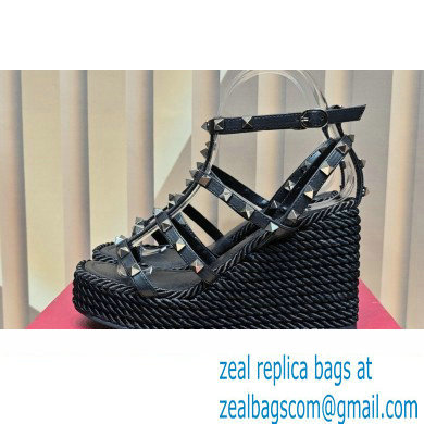 Valentino Heel 9.5cm Platform 3.5cm Rockstud ankle strap wedge sandals in calfskin Black 2023