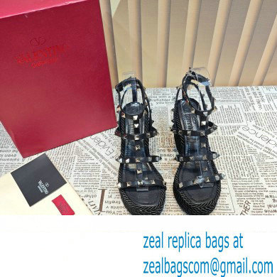 Valentino Heel 9.5cm Platform 3.5cm Rockstud ankle strap wedge sandals in calfskin Black 2023