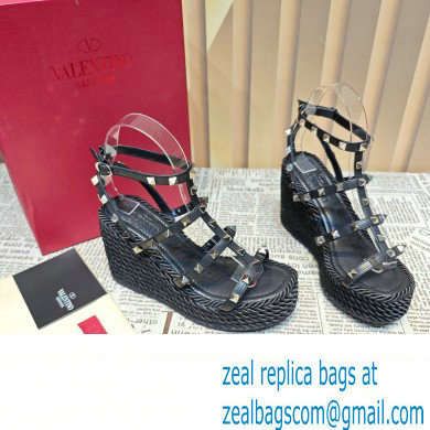 Valentino Heel 9.5cm Platform 3.5cm Rockstud ankle strap wedge sandals in calfskin Black 2023