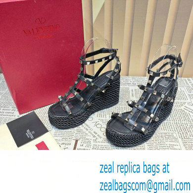 Valentino Heel 9.5cm Platform 3.5cm Rockstud ankle strap wedge sandals in calfskin Black 2023 - Click Image to Close