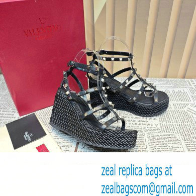 Valentino Heel 9.5cm Platform 3.5cm Rockstud ankle strap wedge sandals in calfskin Black 2023