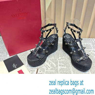 Valentino Heel 9.5cm Platform 3.5cm Rockstud ankle strap wedge sandals in calfskin Black 2023 - Click Image to Close