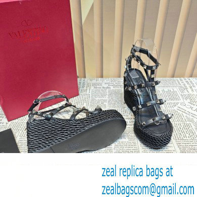 Valentino Heel 9.5cm Platform 3.5cm Rockstud ankle strap wedge sandals in calfskin Black 2023 - Click Image to Close