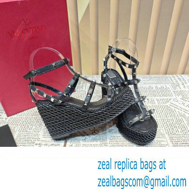 Valentino Heel 9.5cm Platform 3.5cm Rockstud ankle strap wedge sandals in calfskin Black 2023 - Click Image to Close