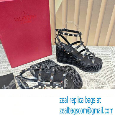 Valentino Heel 9.5cm Platform 3.5cm Rockstud ankle strap wedge sandals in calfskin Black 2023