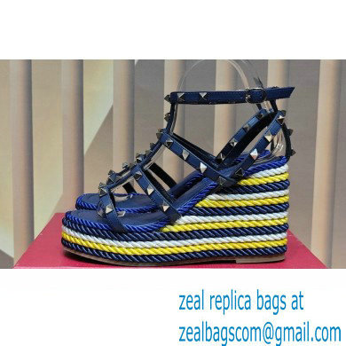 Valentino Heel 9.5cm Platform 3.5cm Rockstud ankle strap wedge sandals in calfskin Blue/Multicolor 2023 - Click Image to Close