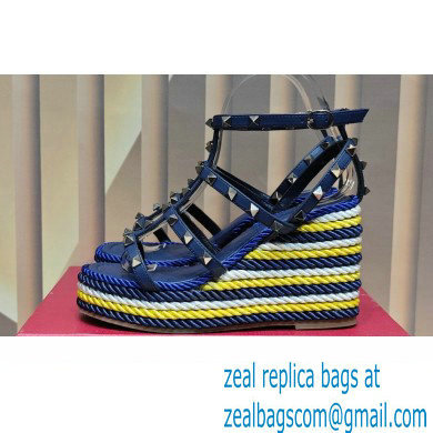 Valentino Heel 9.5cm Platform 3.5cm Rockstud ankle strap wedge sandals in calfskin Blue/Multicolor 2023