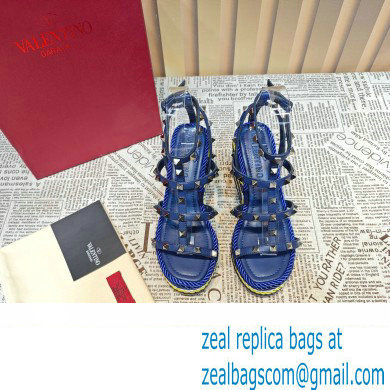 Valentino Heel 9.5cm Platform 3.5cm Rockstud ankle strap wedge sandals in calfskin Blue/Multicolor 2023