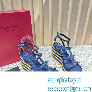 Valentino Heel 9.5cm Platform 3.5cm Rockstud ankle strap wedge sandals in calfskin Blue/Multicolor 2023