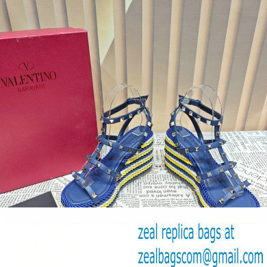 Valentino Heel 9.5cm Platform 3.5cm Rockstud ankle strap wedge sandals in calfskin Blue/Multicolor 2023