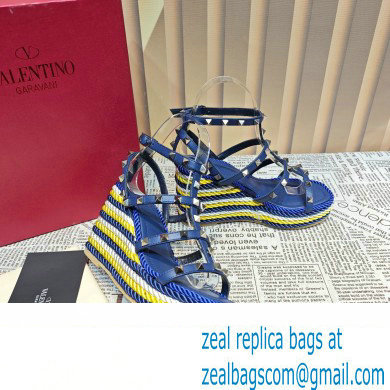 Valentino Heel 9.5cm Platform 3.5cm Rockstud ankle strap wedge sandals in calfskin Blue/Multicolor 2023 - Click Image to Close