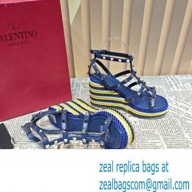 Valentino Heel 9.5cm Platform 3.5cm Rockstud ankle strap wedge sandals in calfskin Blue/Multicolor 2023