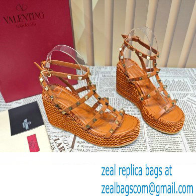 Valentino Heel 9.5cm Platform 3.5cm Rockstud ankle strap wedge sandals in calfskin Brown 2023