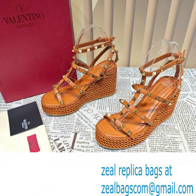 Valentino Heel 9.5cm Platform 3.5cm Rockstud ankle strap wedge sandals in calfskin Brown 2023 - Click Image to Close