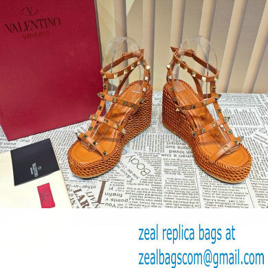 Valentino Heel 9.5cm Platform 3.5cm Rockstud ankle strap wedge sandals in calfskin Brown 2023 - Click Image to Close