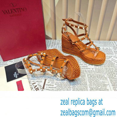 Valentino Heel 9.5cm Platform 3.5cm Rockstud ankle strap wedge sandals in calfskin Brown 2023 - Click Image to Close